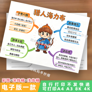 5044-五年级中国民间故事猎人海力布思维导图手抄报电子模板线稿