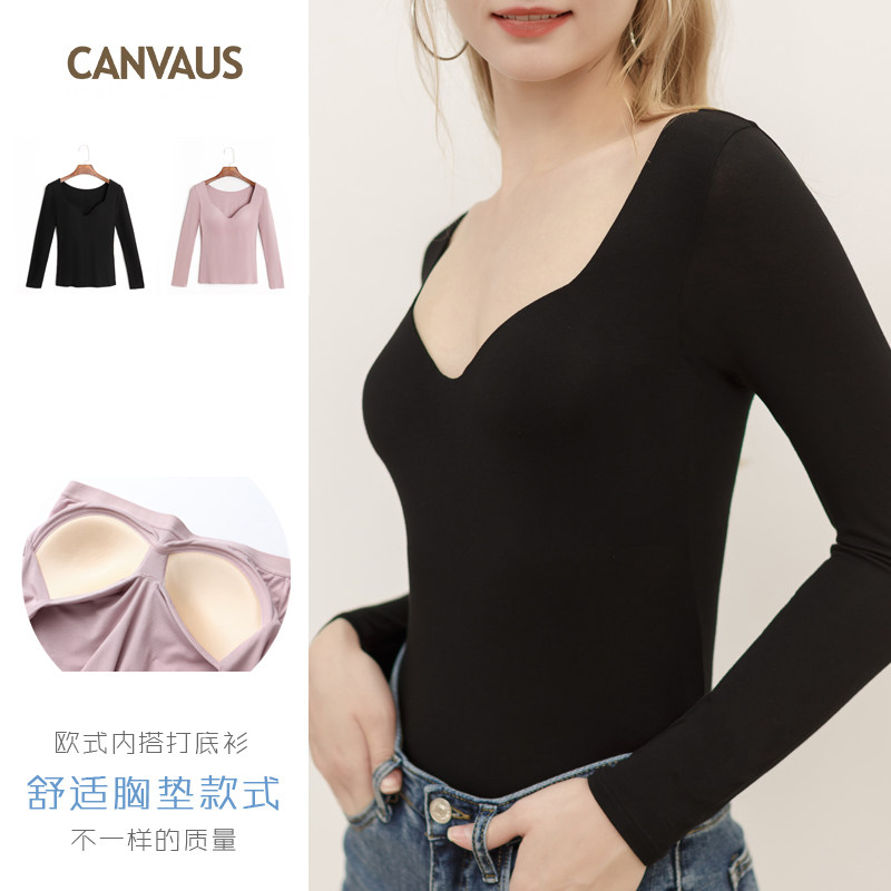 带胸垫内衣一体式黑色罩杯免文胸修身内搭V领低领无痕打底衫T恤女|ruв категории Женская одежда, футболка - от Buy2taobao.com для оказания профессиональной услуги покупки агента Taobao