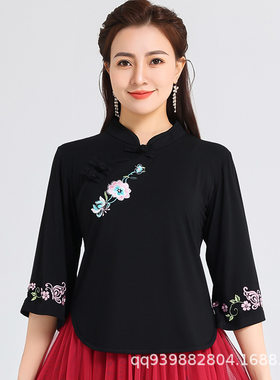 广场舞服装舞蹈服上衣中袖中国风新中式刺绣喇叭袖上衣古典舞蹈衣