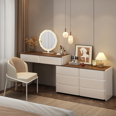 实木梳妆台斗柜一体卧室中古奶油