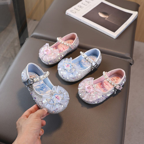 女童艾莎公主皮鞋2025秋季新款小女孩儿童花朵珍珠宝宝软底单鞋子