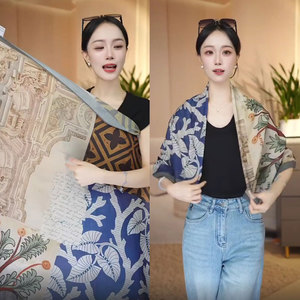 蓝调夏季女民族风高级感110大方巾遮阳防晒透气百搭复古丝巾披肩