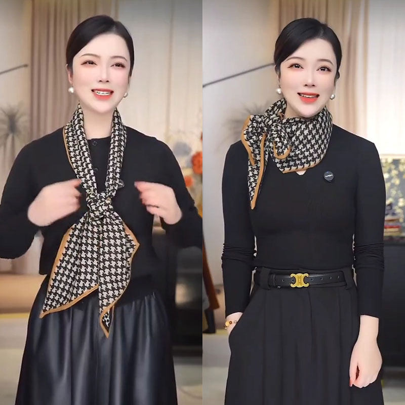 千鸟格豹纹飘带新款时尚围巾长巾