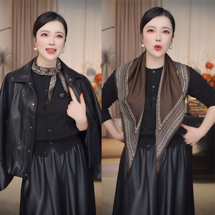 三角巾斜纹绸围巾长秋冬咖啡色几何纹三角巾女百搭可系腰丝巾领巾