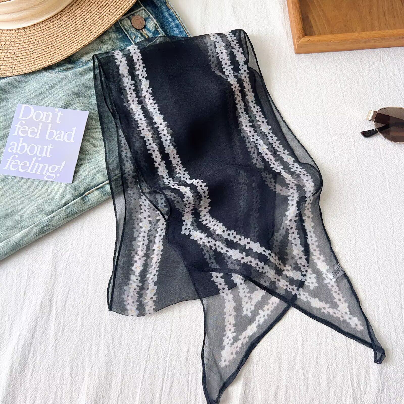 繁花黑160*18薄款春新款女飘带长巾丝巾时尚百搭优雅气质夏季围巾