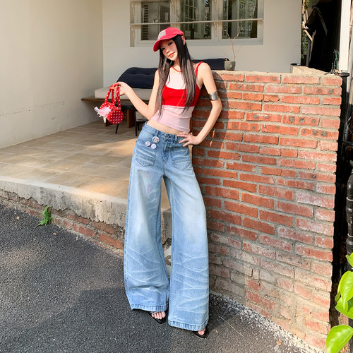 ｜XSD 【新品】！2026夏季｜反口袋设计水洗猫须微弯刀牛仔裤女阔