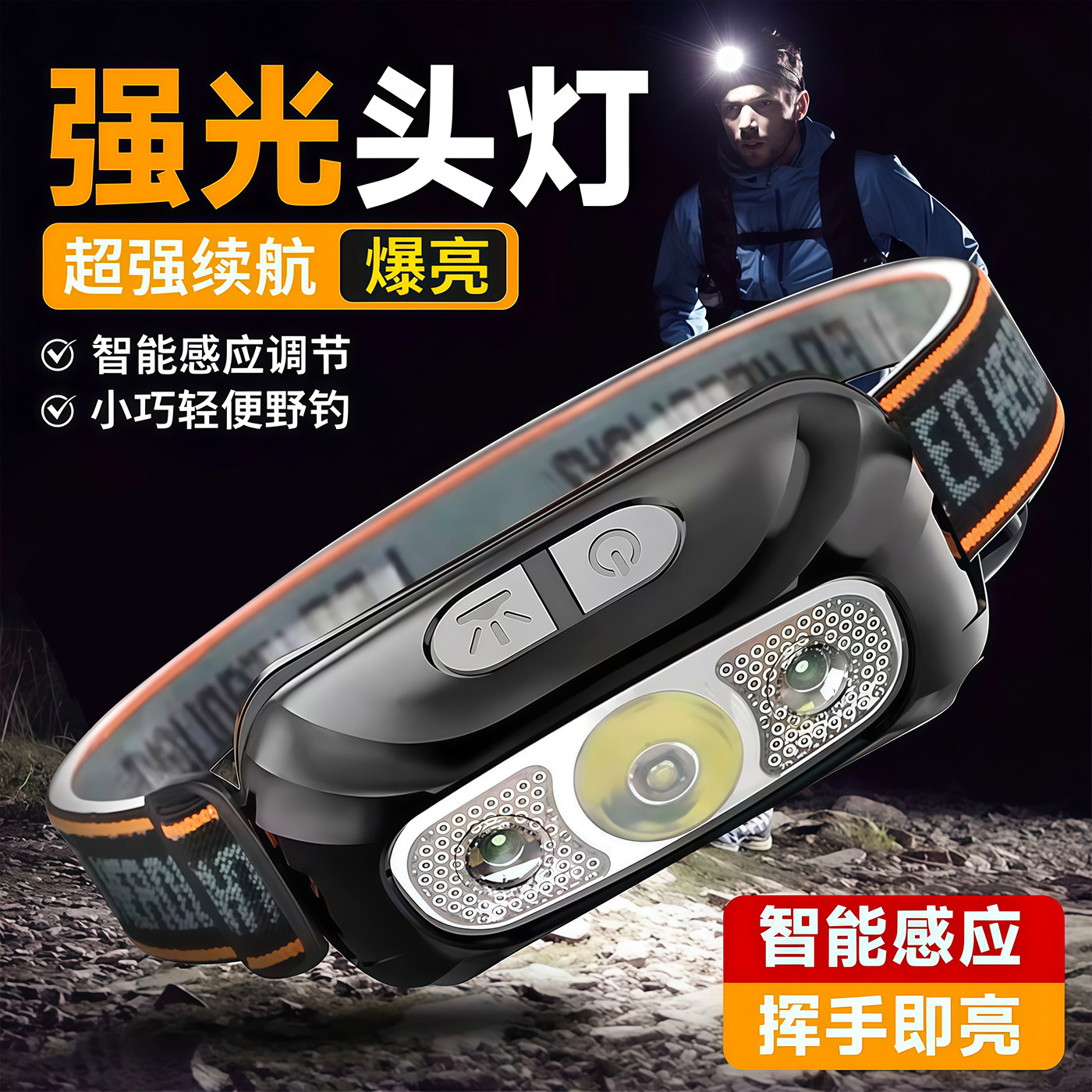 感应头灯头戴式强光头灯可充电夜钓鱼适用轻便携式抗水头灯充电式