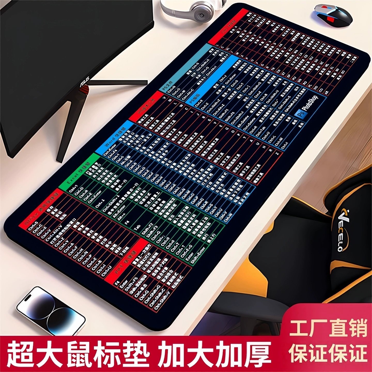 超大号鼠标垫办公电脑键盘垫书桌垫ps快捷键大全cad电竞护腕垫子