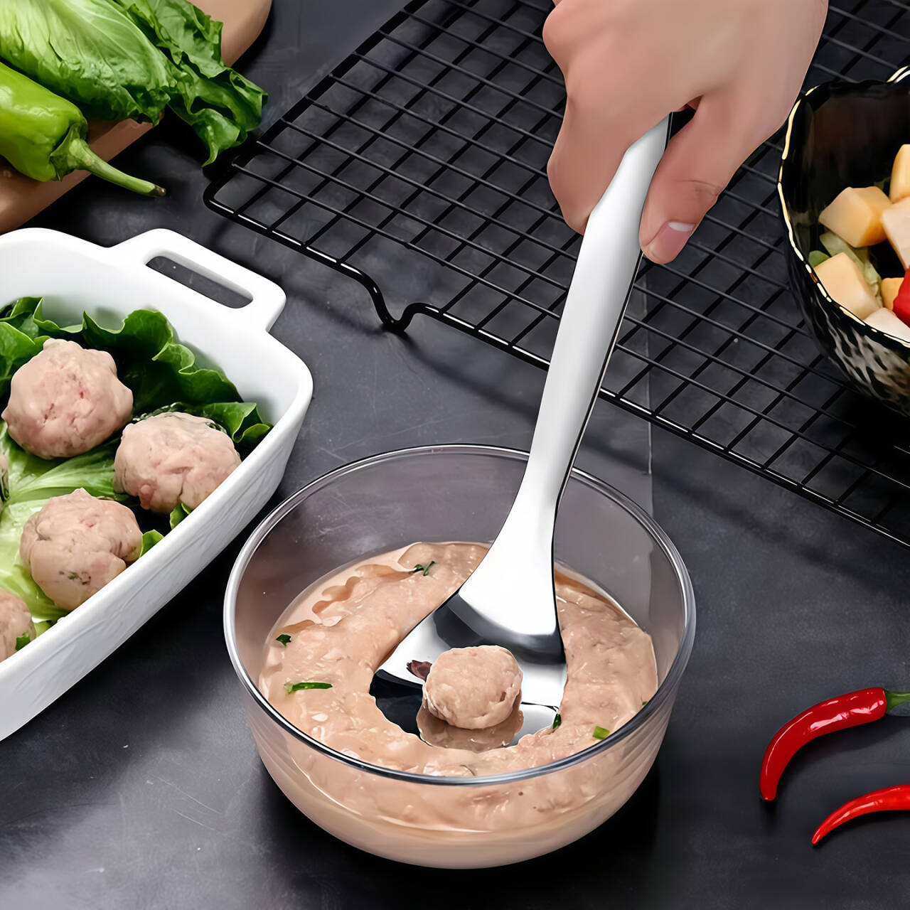 不锈钢压肉丸勺子神器家用挖勺器