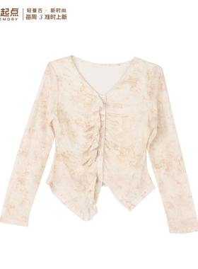 记忆的起点法式复古V领针织衫女2026春季新款修身短上衣70GC30950