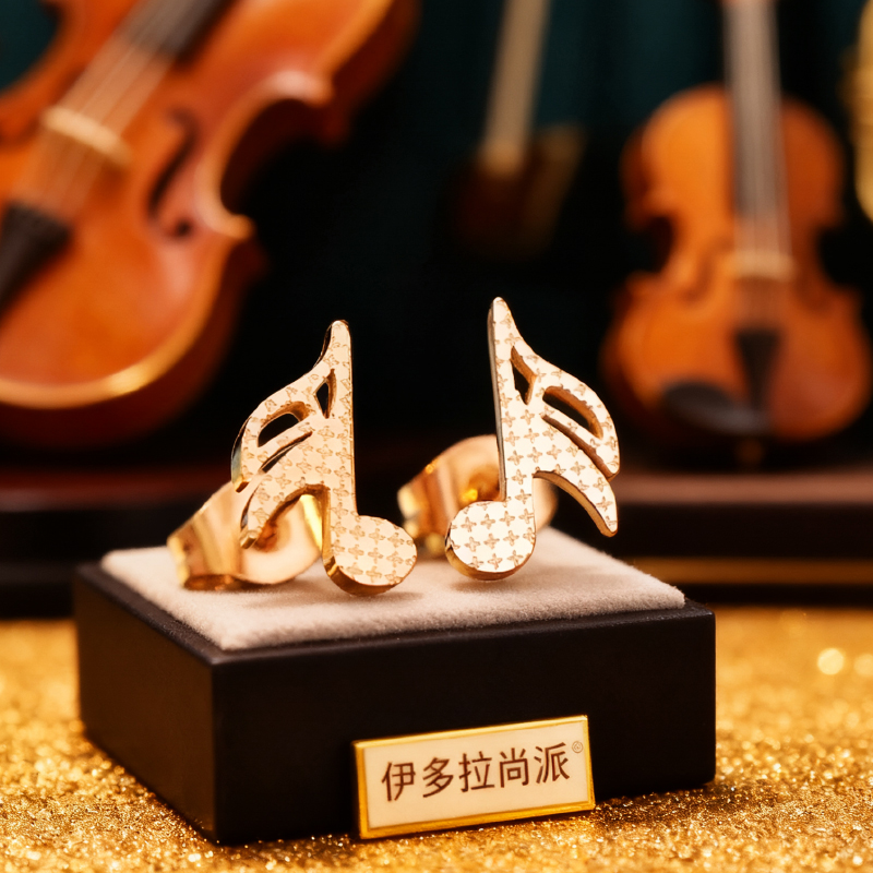 音符彩金耳钉女18k玫瑰金 高级感钛钢日常精致耳饰运动不掉色耳坠