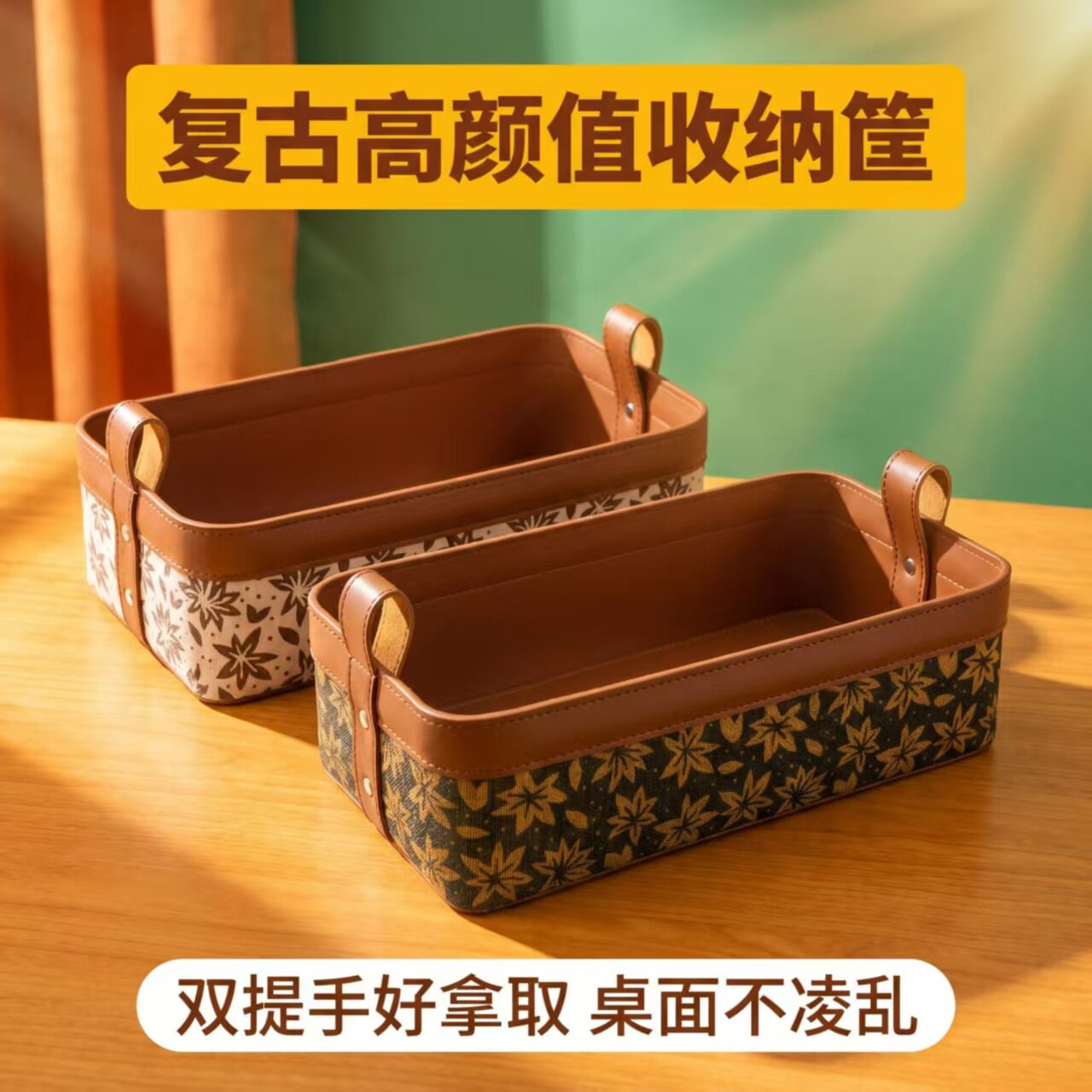 复古轻奢感皮革收纳筐化妆品桌面物品零食托盘遥控器收纳盒
