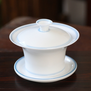 悬停三才马蹄盖碗茶杯白瓷家用办公个性手绘玄纹蓝线条功夫茶具