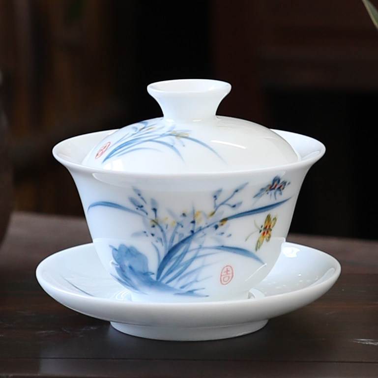 手绘三才盖碗茶杯釉下彩兰花蝶恋白瓷功夫茶具三炮台单个中式泡茶,餐饮具,盖碗,淘宝优惠券,粉丝福利购,淘宝优惠卷