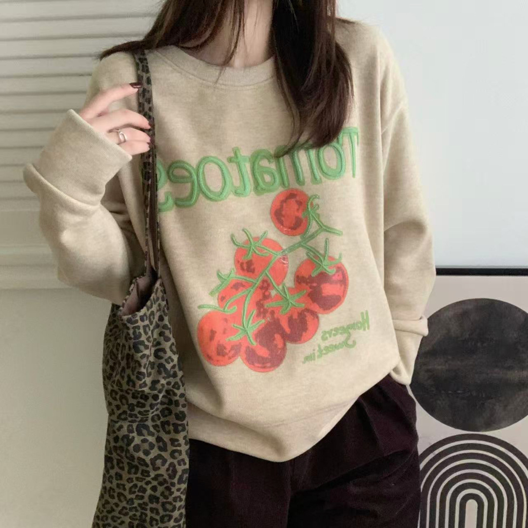 【好柿成串】韩风oil咩毛圆领长袖卫衣百搭显瘦番茄保暖卫衣女