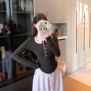 东大门春款撞色亨利领打底T恤2026新款女装修身显瘦百搭长袖上衣t