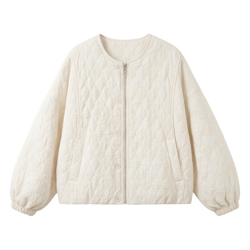 LUM 米白色菱格棒球服短外套女秋季新款韩系宽松休闲今年流行上衣
