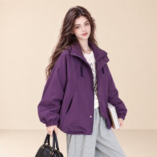 LUM 紫色工装连帽羽绒服女冬短款宽松户外休闲羽绒内胆冲锋衣外套