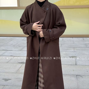 2026赫本风立领设计感加棉毛呢长外套感复古长款大衣系带收腰
