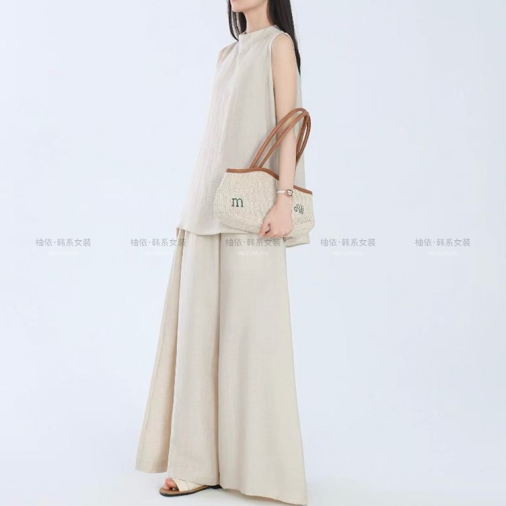 韩系女装慵懒风无袖背心套装女2026夏季法式高腰显瘦阔腿裤两件套