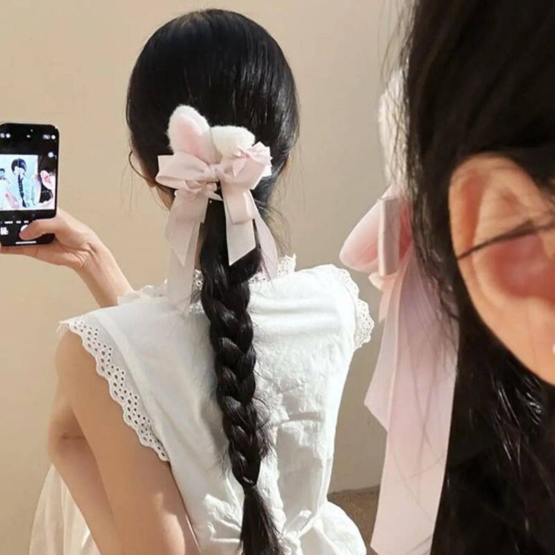 粉色兔子耳朵蝴蝶结毛绒发夹女可爱侧边夹子刘海夹公主洛丽塔头饰