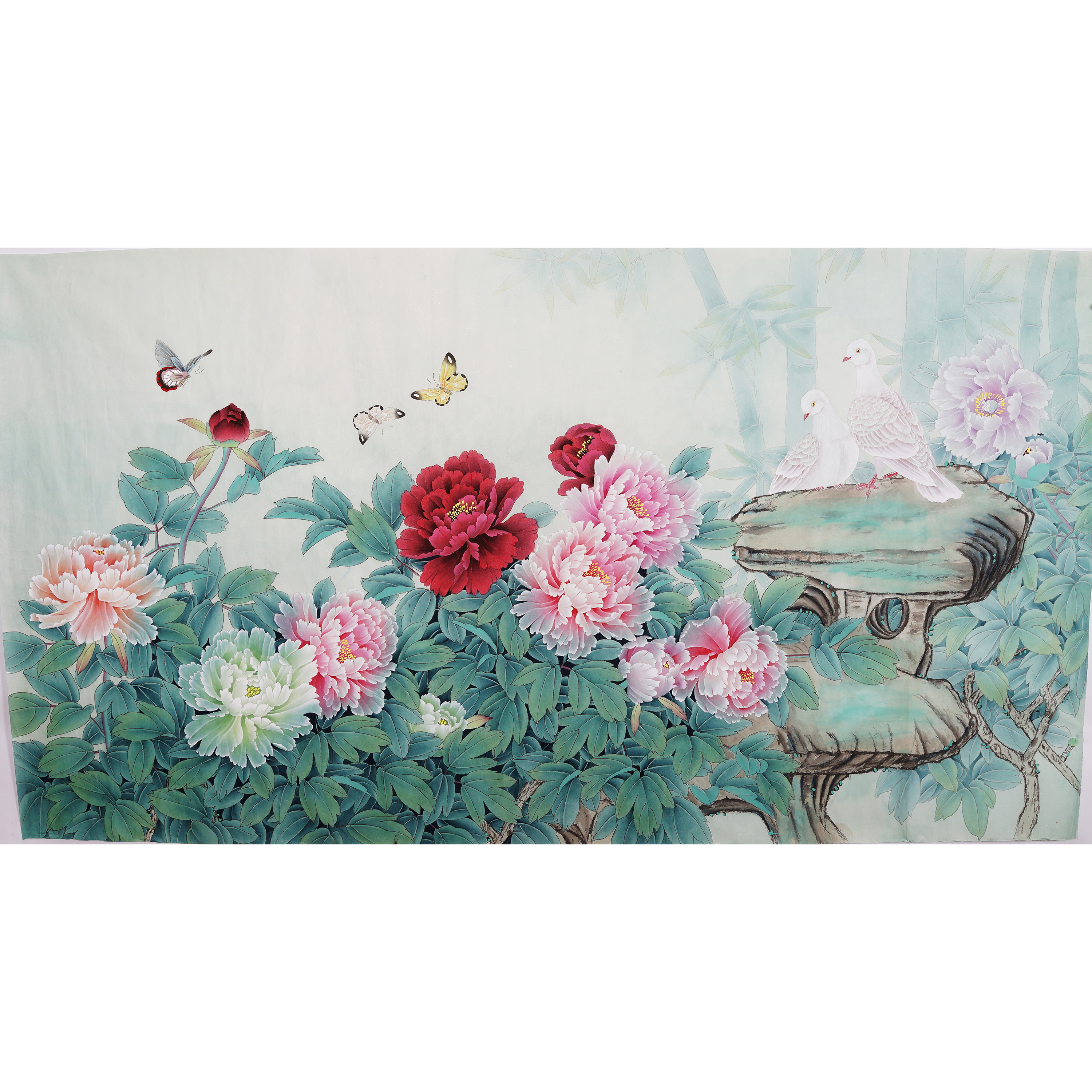 六尺荷花牡丹竹子工笔画 精品国画 纯手绘无款画没题款花鸟画0426