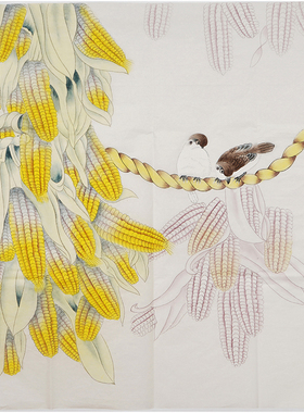 工笔斗方团扇纯手绘枇杷玉米花鸟画新中式客厅餐厅国画秦薇字画23