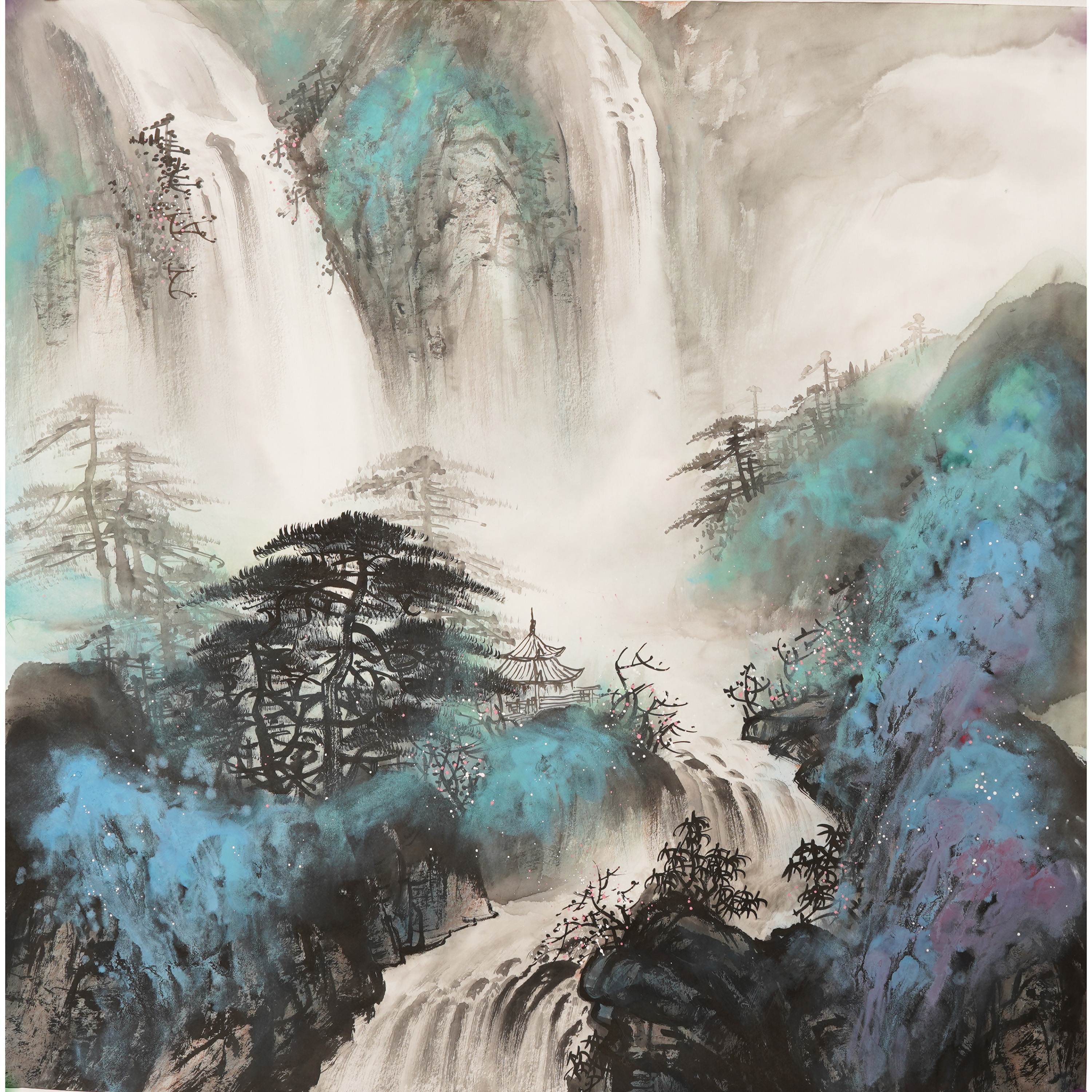 纯手绘无款斗方泼彩山水画没有落款客厅玄关字画精品写意画