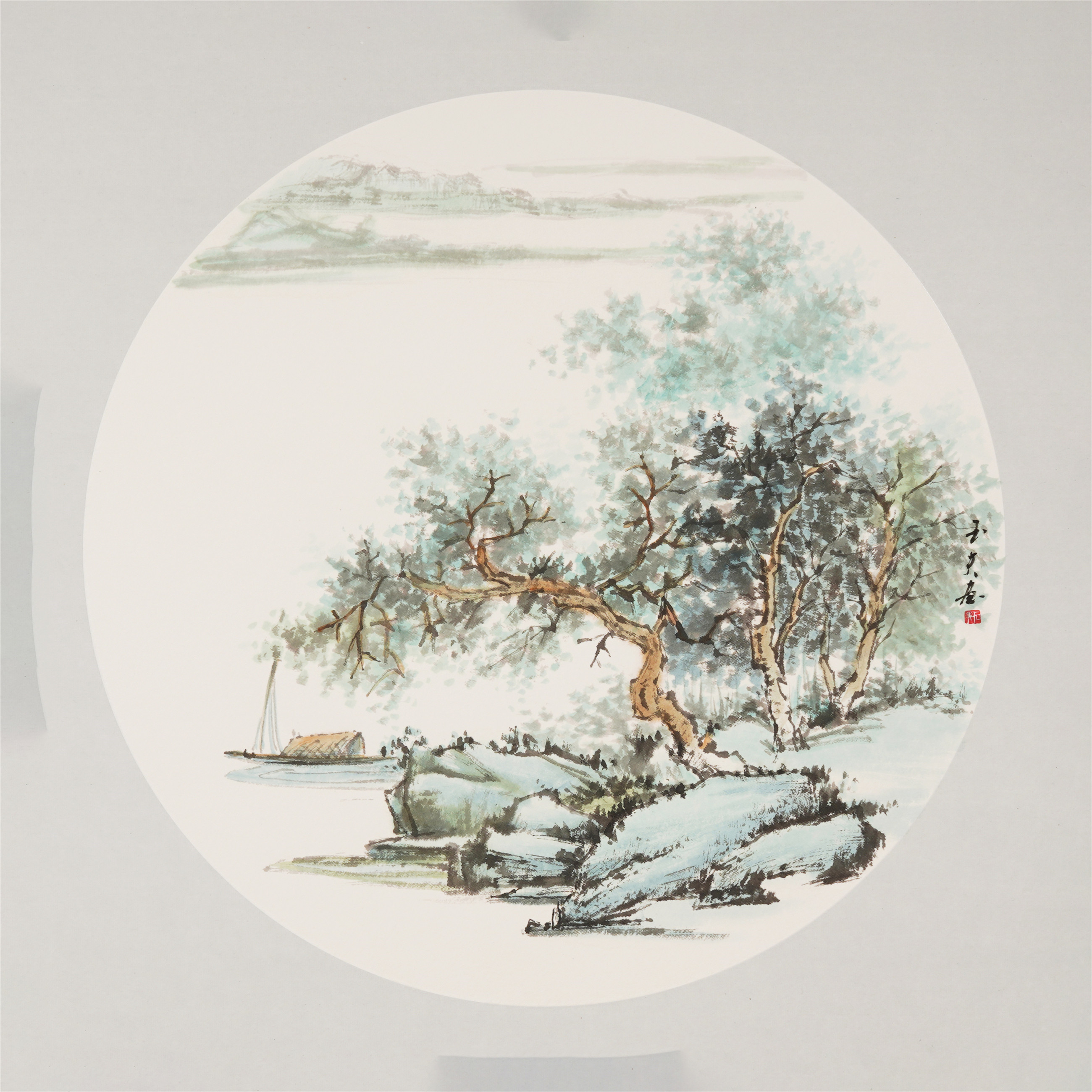 禅意山水画纯手绘国画斗方卡纸字画客厅装饰画石玉夫真迹00010图片