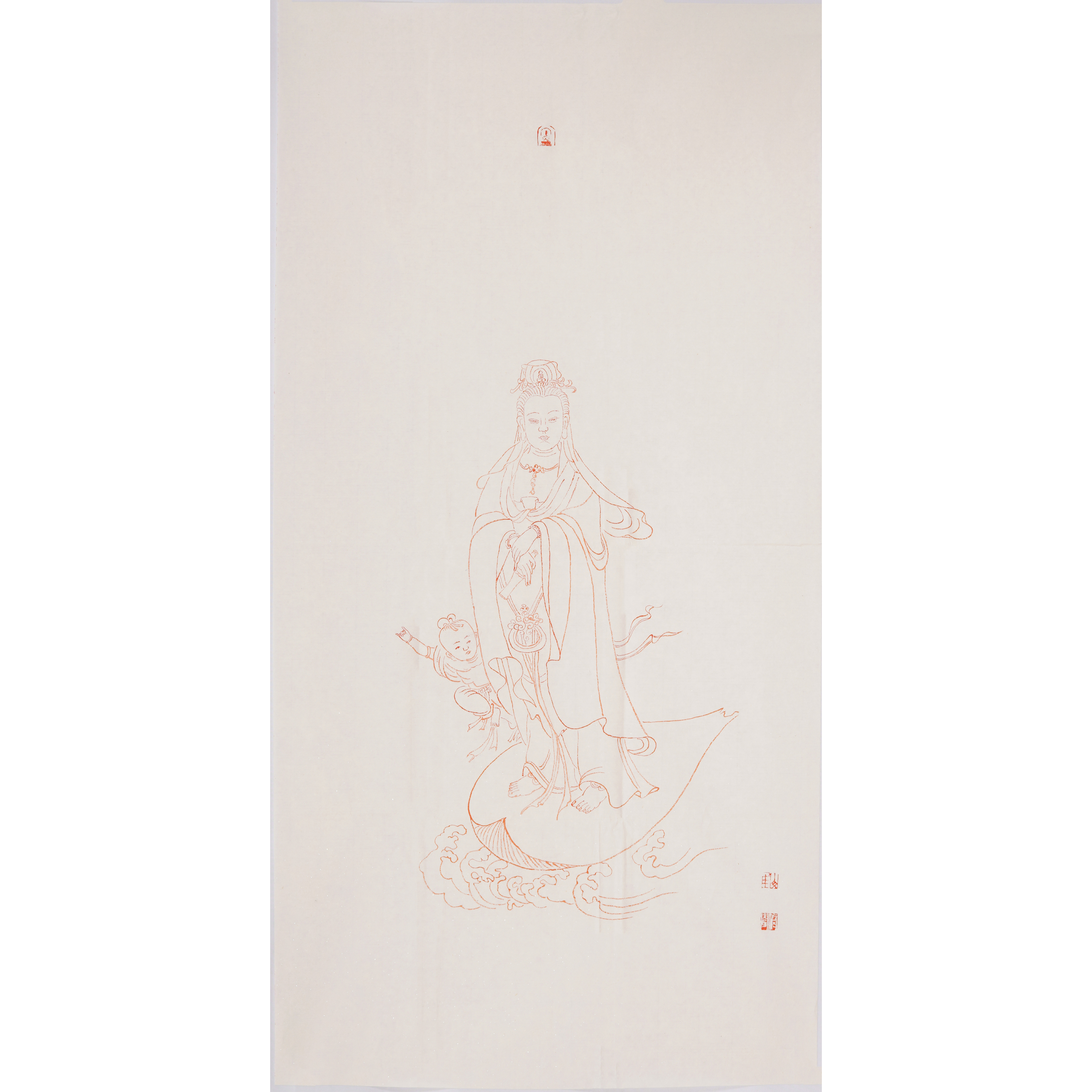 国画观音菩萨画像朱砂线描佛像线条优美禅意人物画崔修闻真迹0409