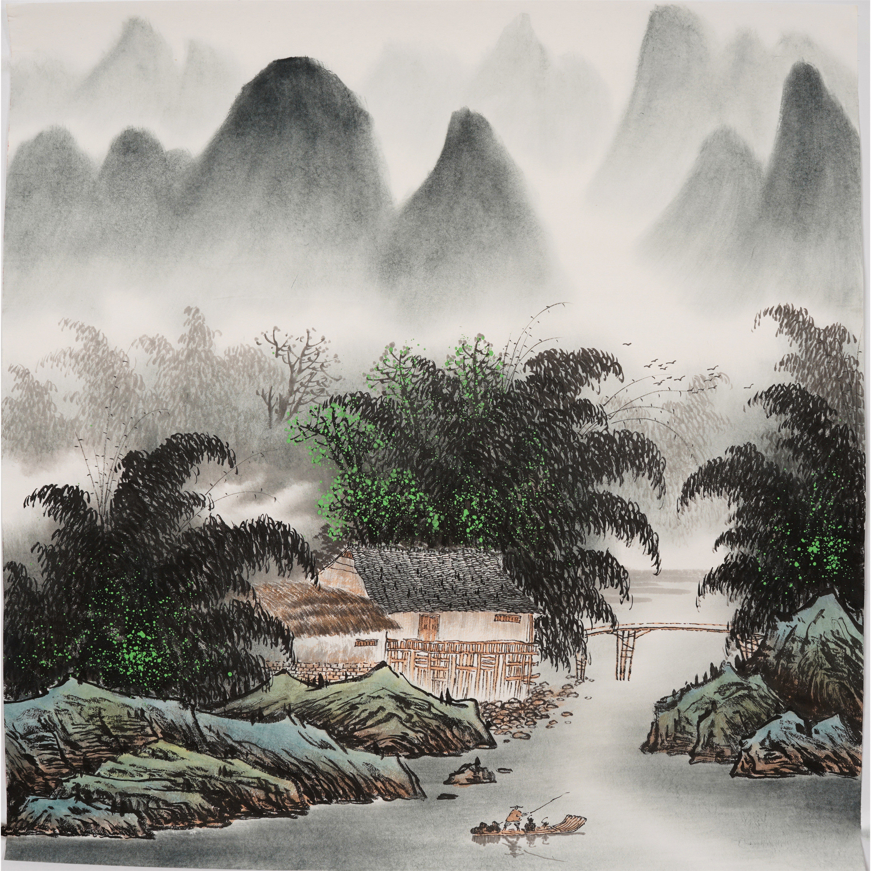 斗方无款手绘山水画烟雨江南水墨装饰画客厅字画没落款0512特价