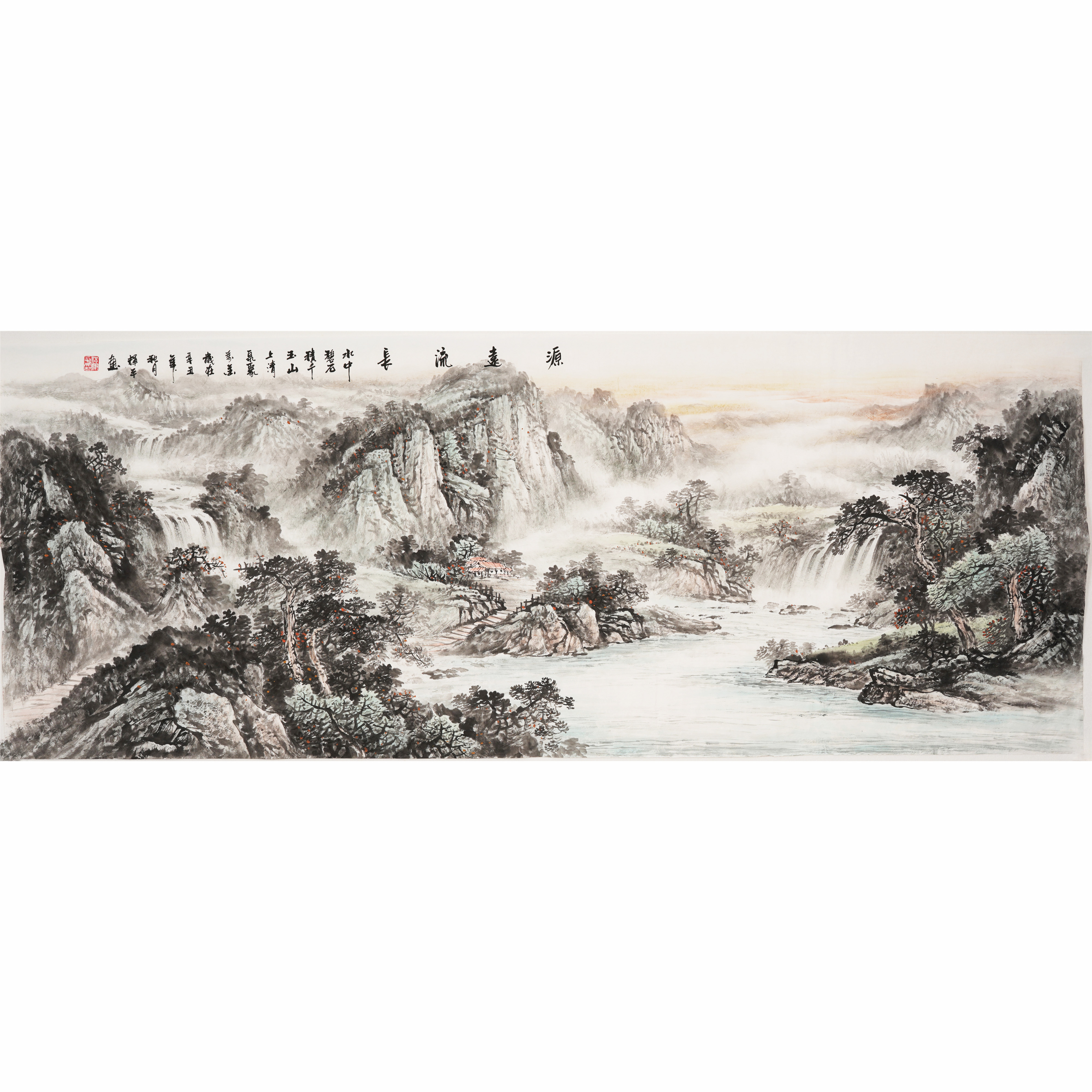 纯手绘禅意源远流长招财山水画