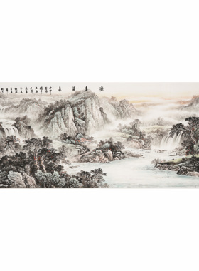 纯手绘山水画国画客厅办公室禅意水墨画源远流长招财装饰挂画0039