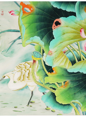 斗方工笔花鸟国画纯手绘荷花鲤鱼桃客厅餐厅中式手工装饰画秦薇23