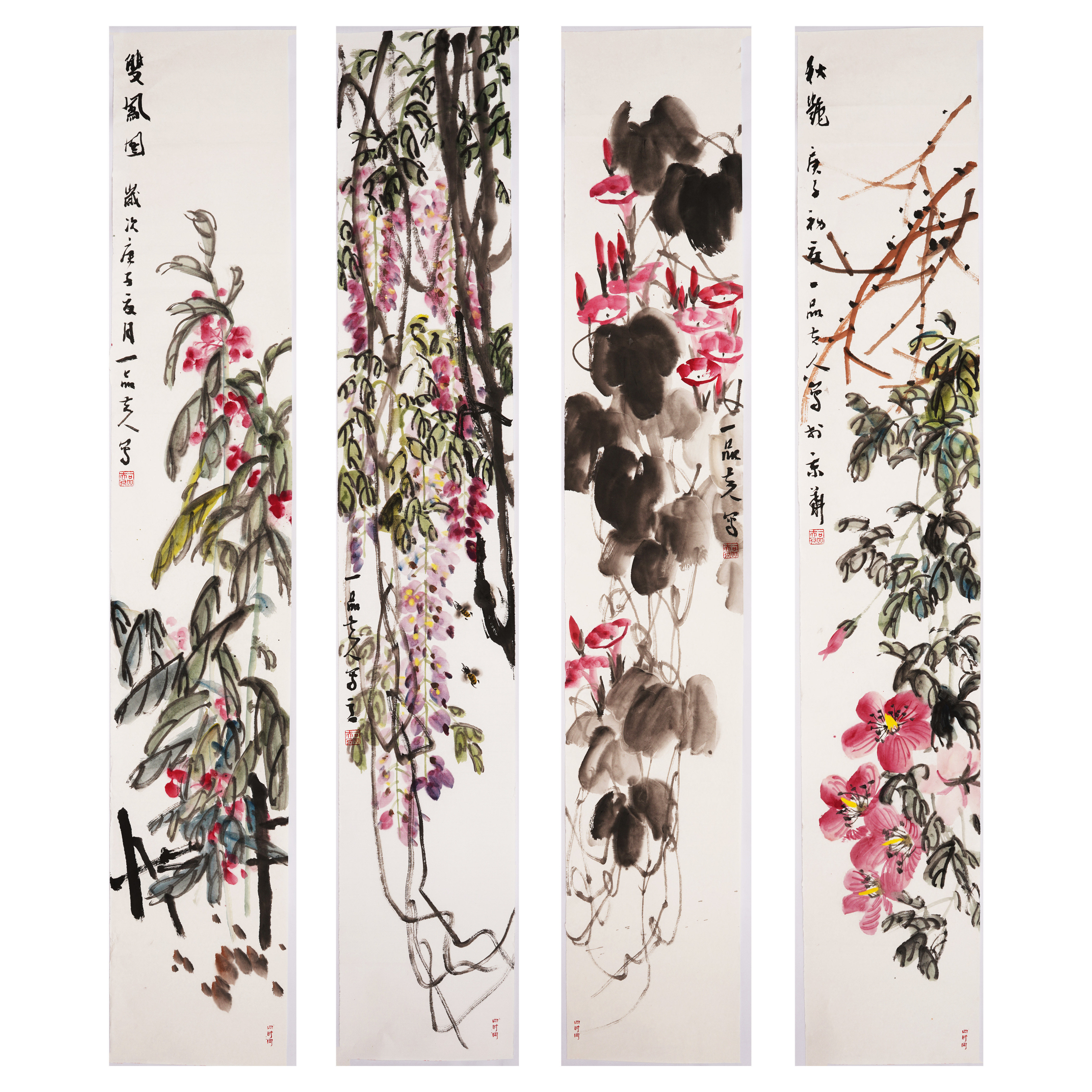 水墨画手绘大写意国画四条屏花鸟画客厅字画中国画一品夫人0001