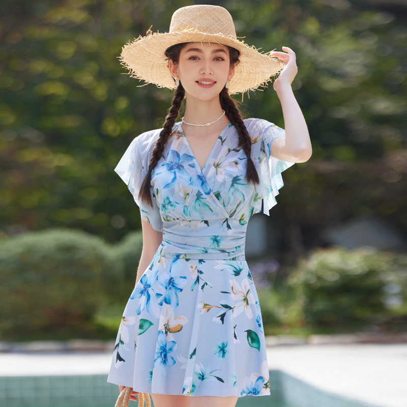 加大码钢托聚拢裙式连体泳衣女
