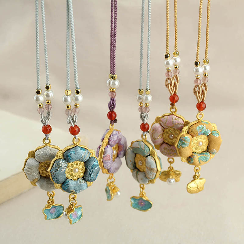 【花开富贵】非遗仿宋锦四叶花项链女双面花朵吊坠长款毛衣链配饰