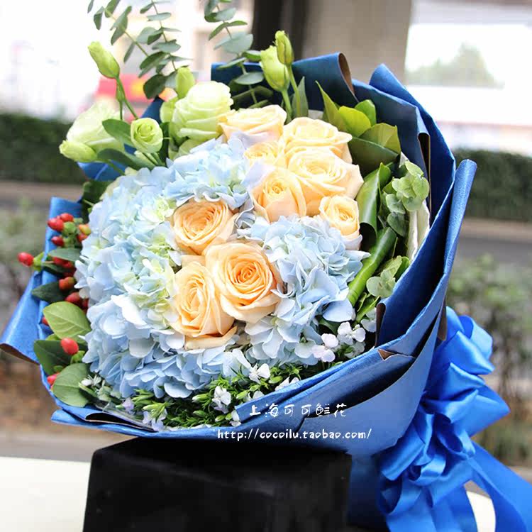 绣球香槟玫瑰花束上海鲜花同城速递长宁闵行浦东黄浦松江花店送花