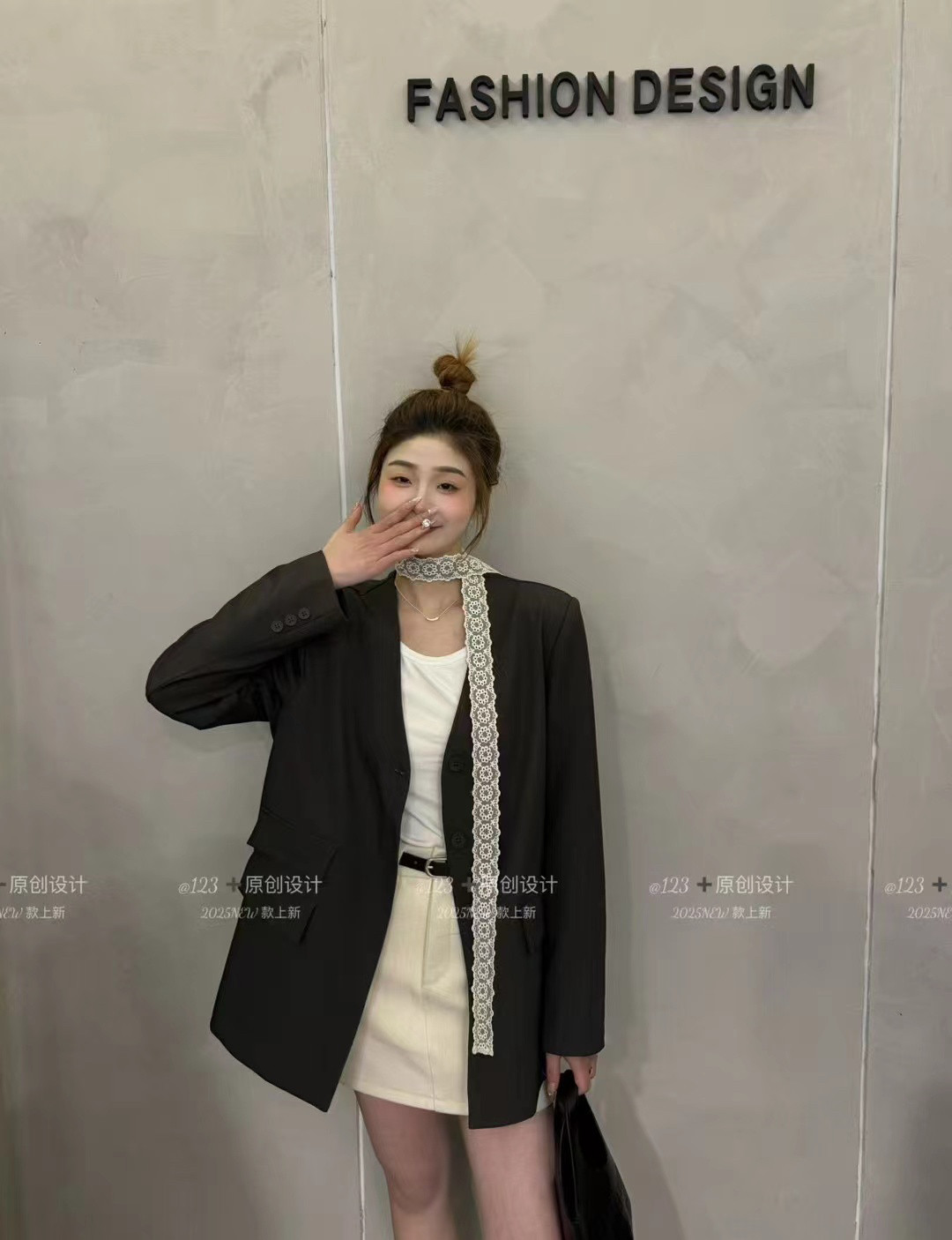 春季韩版休闲V领飘带西装女时尚小个子西服蕾丝系带中长款薄外套