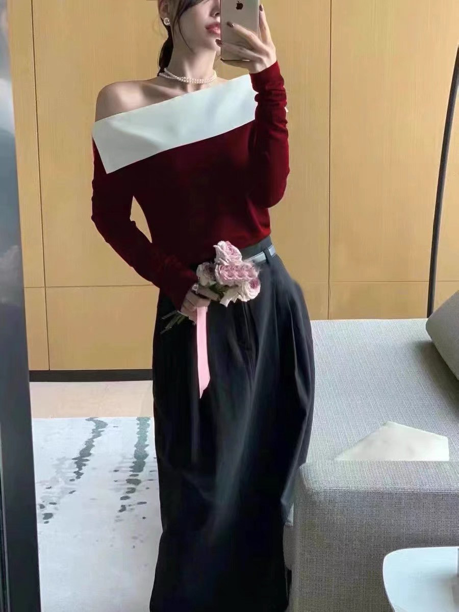 楠涵9767韩系一字领露肩长袖上衣女春秋修身显瘦气质拼色打底衫T
