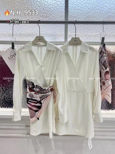 玫瑰故事黄亦玫同款气质优雅丝巾长袖衬衫裙高级感白色衬衫连衣裙