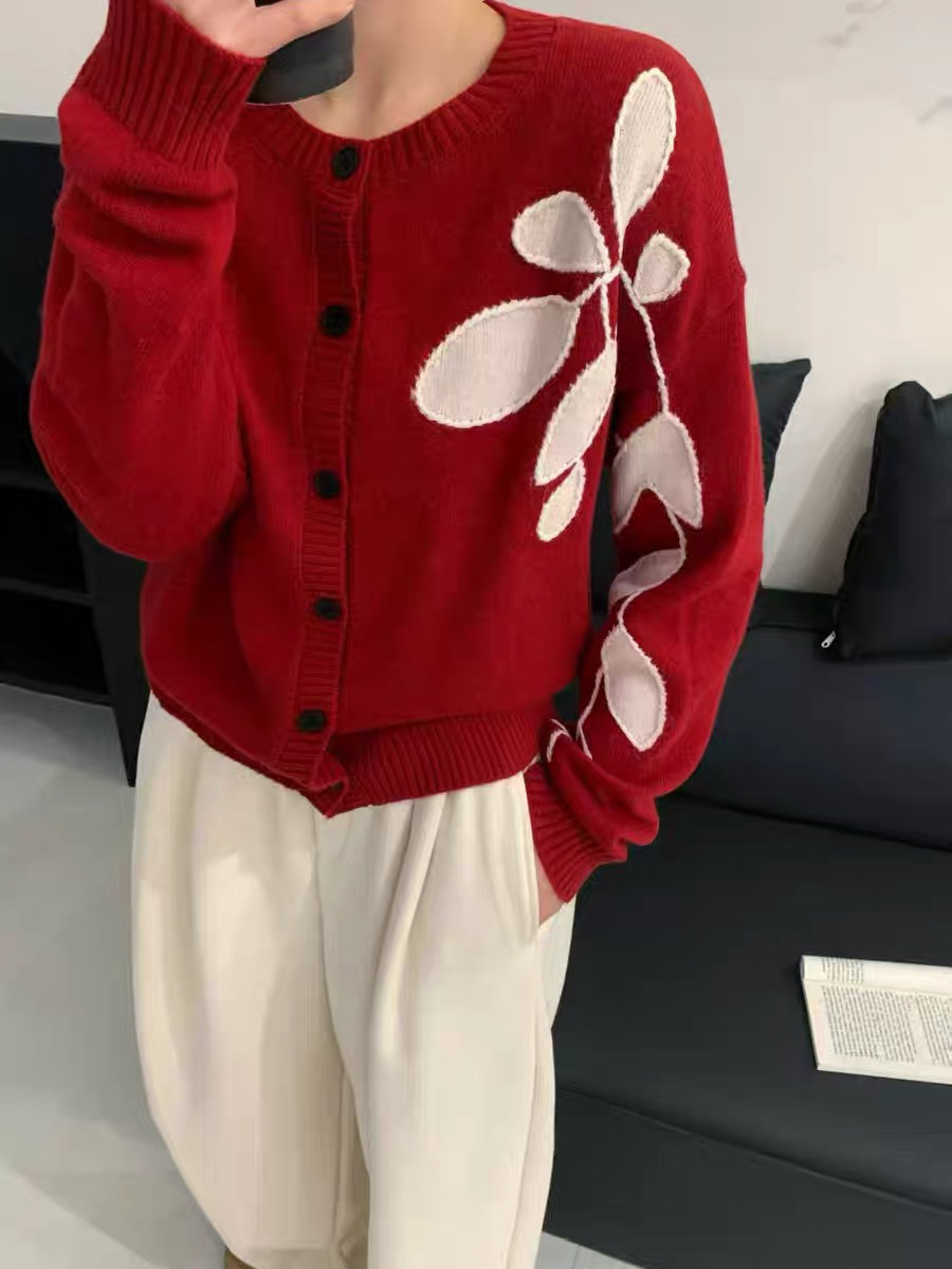 拼色树叶提花全羊毛针织开衫女圆领厚实宽松慵懒风高级感毛衣外套