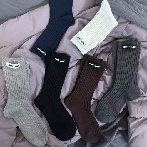 ins潮竖条堆堆袜男女同款纯棉中筒袜黑白灰咖色百搭吸汗长袜网红