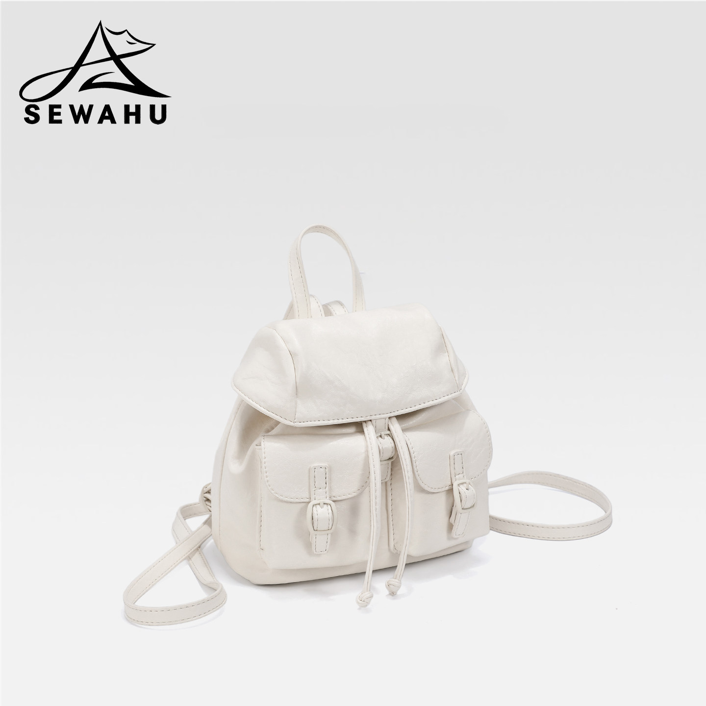 SEWAHU韩系小众双肩包小女2026新款百搭休闲抽绳通勤皮质小型背包