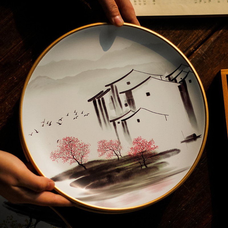 新中式装饰盘子书架摆件陶瓷摆盘客厅酒柜赏盘墙面挂盘水墨画瓷盘
