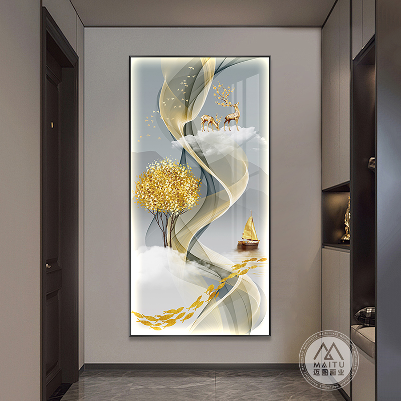 福禄临门入户玄关装饰画现代轻奢麋鹿壁画LED带灯过道背景墙挂画图片