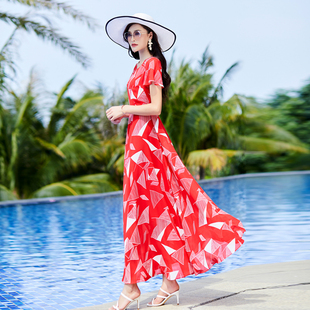 波西米亚长裙女装 夏2021雪纺大摆红色收腰气质海边度假沙滩连衣裙