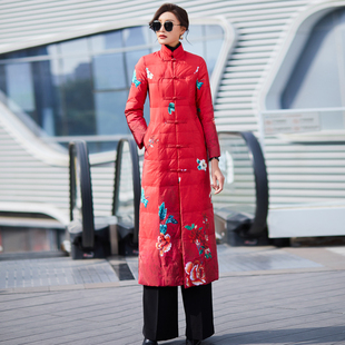 长款 复古白鸭绒过膝到脚踝立领外套 印花修身 羽绒服女2022年冬新款