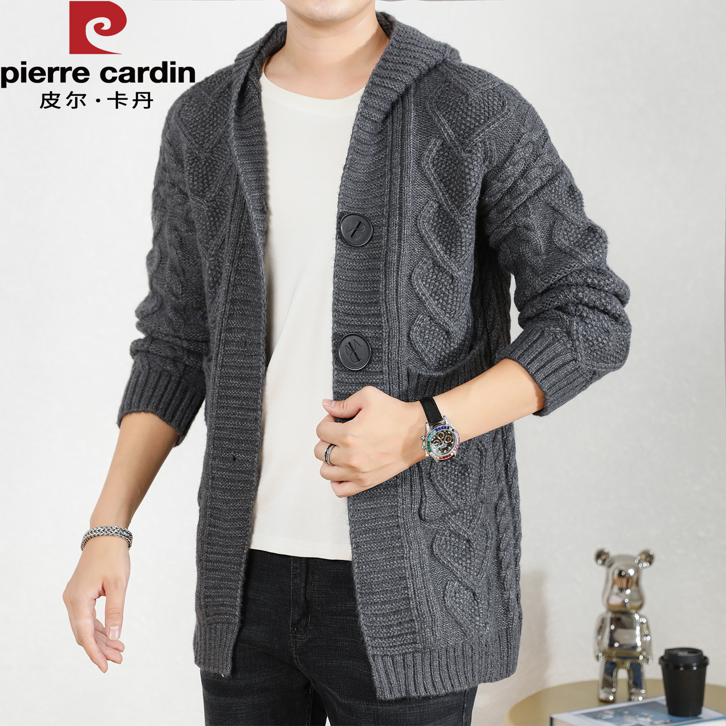 皮尔卡丹连帽毛衣外套男春秋新款