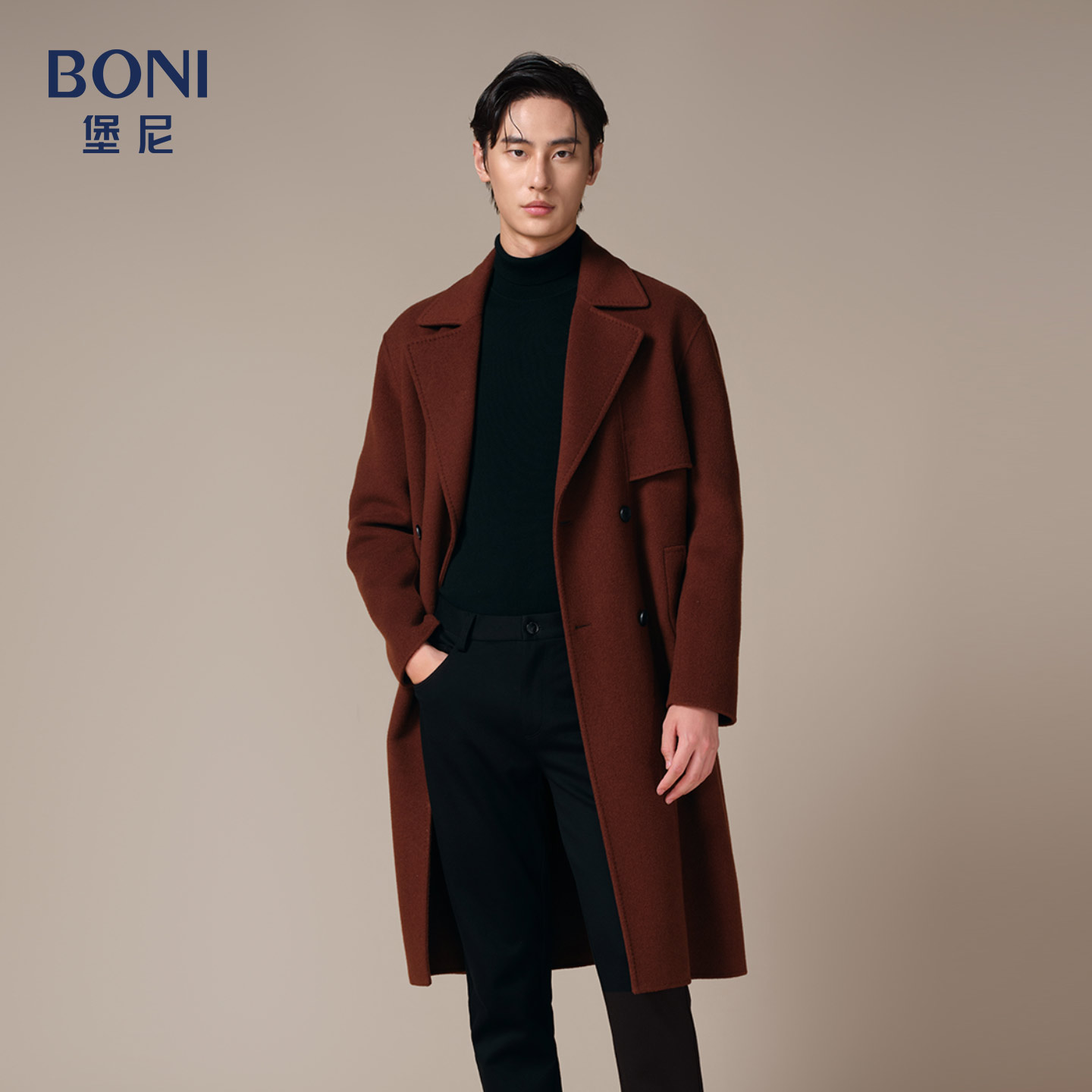 堡尼秋冬新品商务净色羊毛混纺大衣双排扣棉里长款外套BS724001H